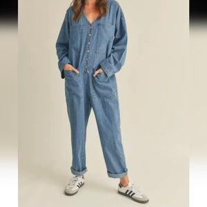 MIOU MUSE Washed Denim Oversized‎ Boxy Jumper Jumpsuit Size Small NWOT